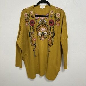 Umgee Mustard Yellow Floral Embroidered Kimnono Cardigan Waffle Boho Cottage M